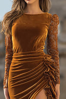 Load image into Gallery viewer, Caramel Mermaid Ruffled Velvet Long Holiday Party Dress with Slit