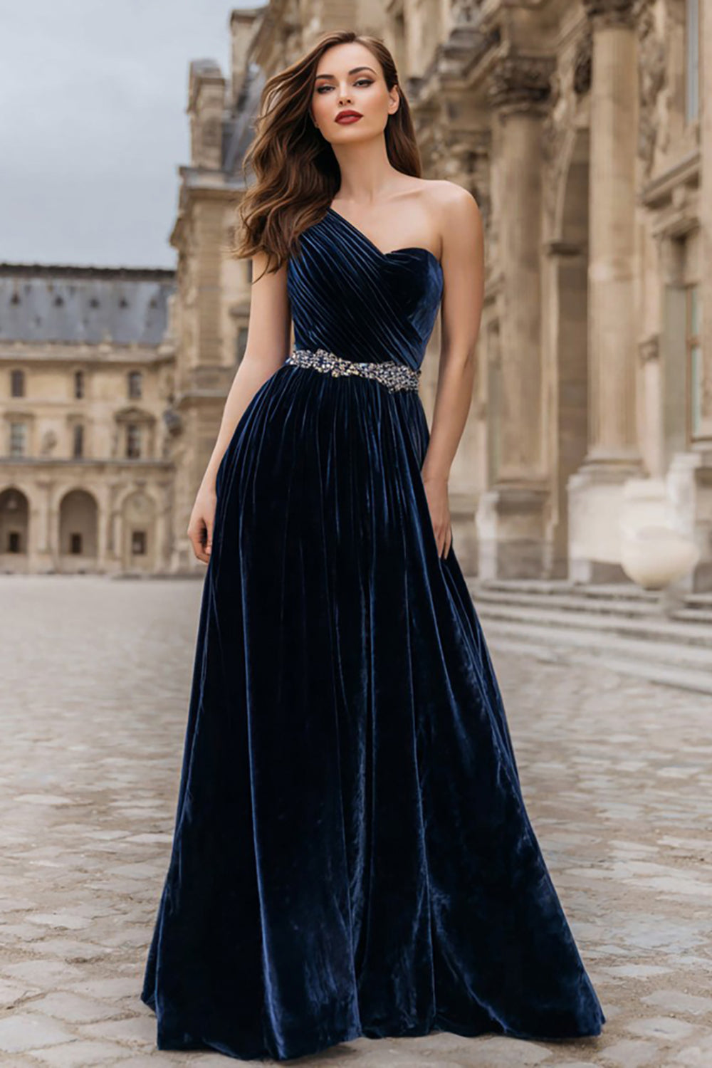 Sparkly Navy Velvet Long Holiday Party Dress
