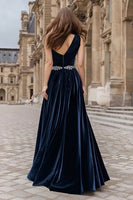 Load image into Gallery viewer, Sparkly Navy Velvet Long Holiday Party Dress