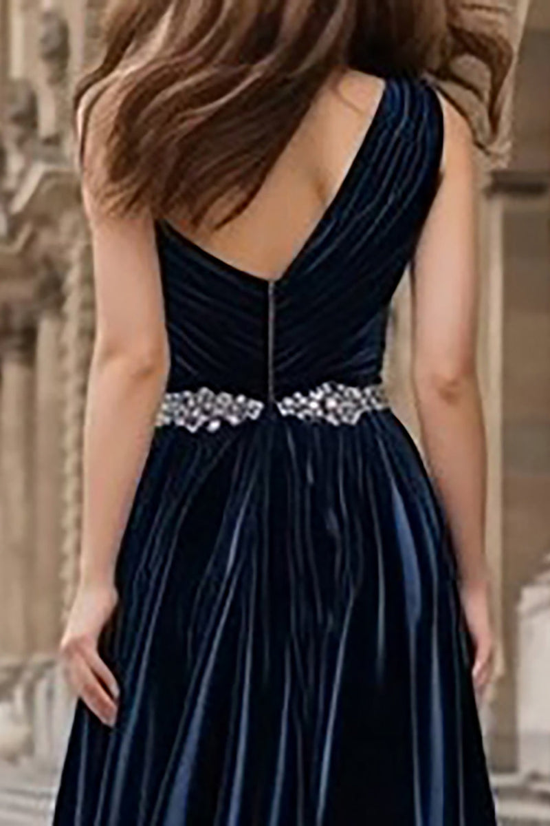 Load image into Gallery viewer, Sparkly Navy Velvet Long Holiday Party Dress