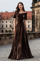 Load image into Gallery viewer, Brown Velvet Boat Neck Long Holiday Party Dress