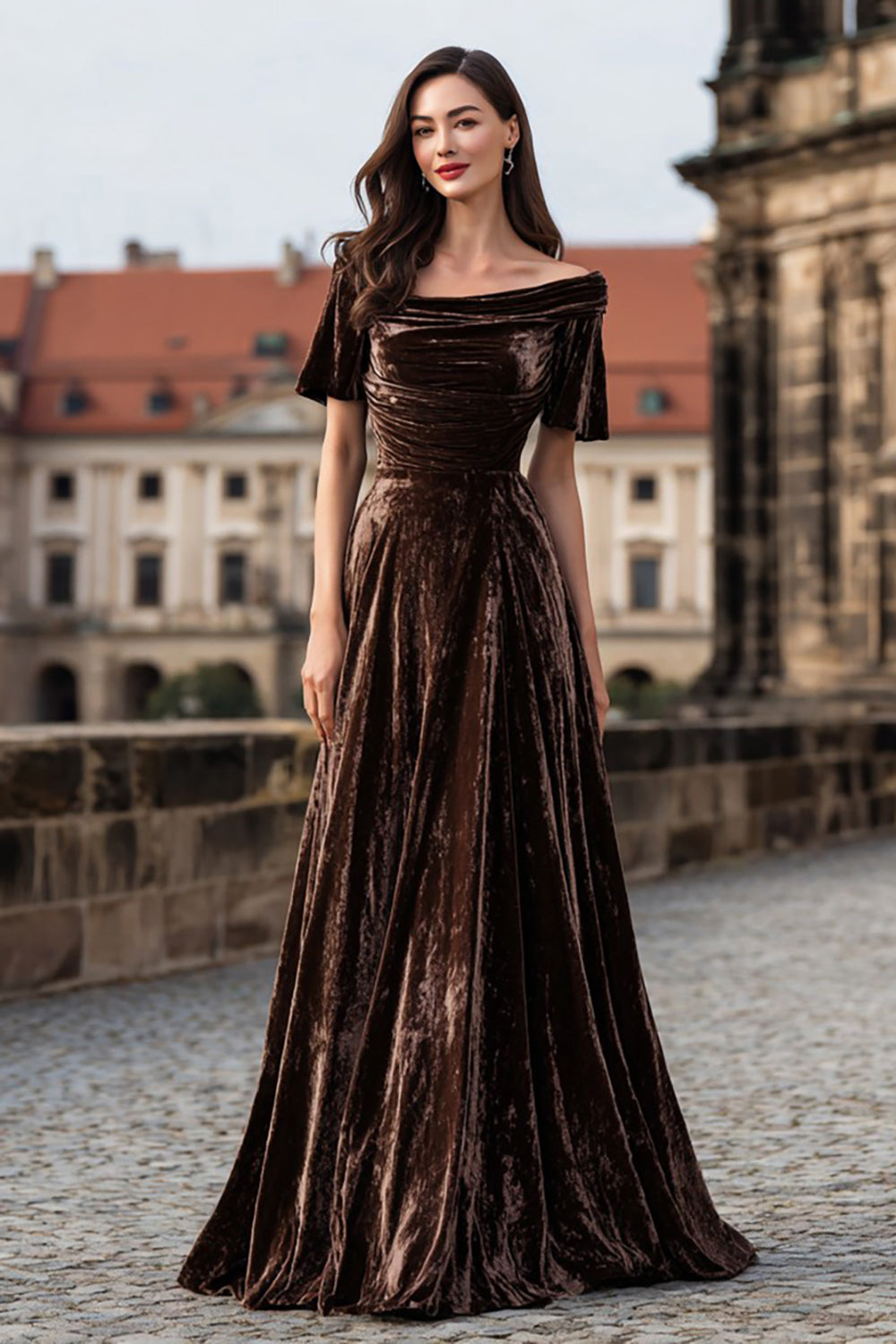 Brown Velvet Boat Neck Long Holiday Party Dress