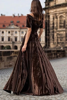 Brown Velvet Boat Neck Long Holiday Party Dress
