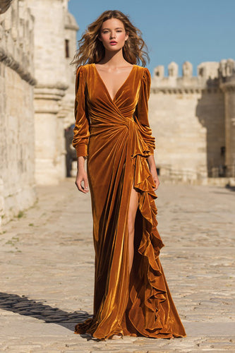 Caramel Ruffled Velvet Long Holiday Party Dress with Sleeves