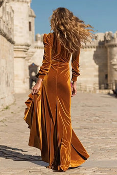Caramel Ruffled Velvet Long Holiday Party Dress with Sleeves
