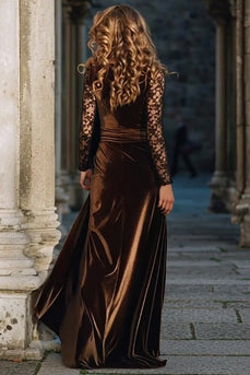 Brown Velvet V Neck Long Holiday Party Dress with Sleeves