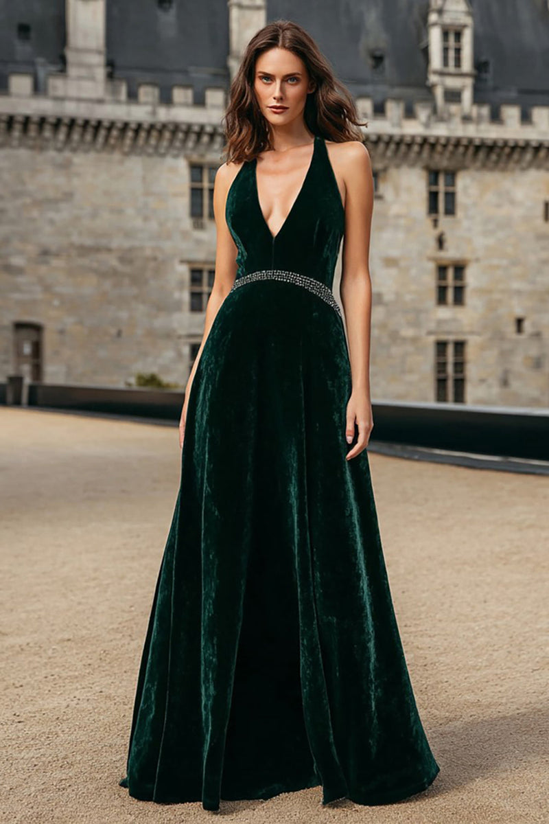 Load image into Gallery viewer, Sparkly Dark Green Halter Velvet Long Holiday Party Dress