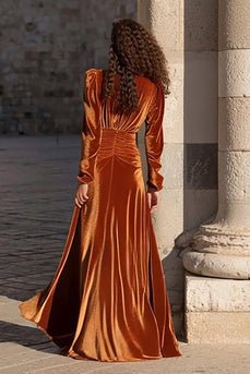 Caramel V Neck Velvet Long Holiday Party Dress with Sleeves