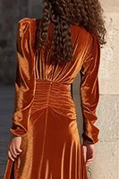 Load image into Gallery viewer, Caramel V Neck Velvet Long Holiday Party Dress with Sleeves