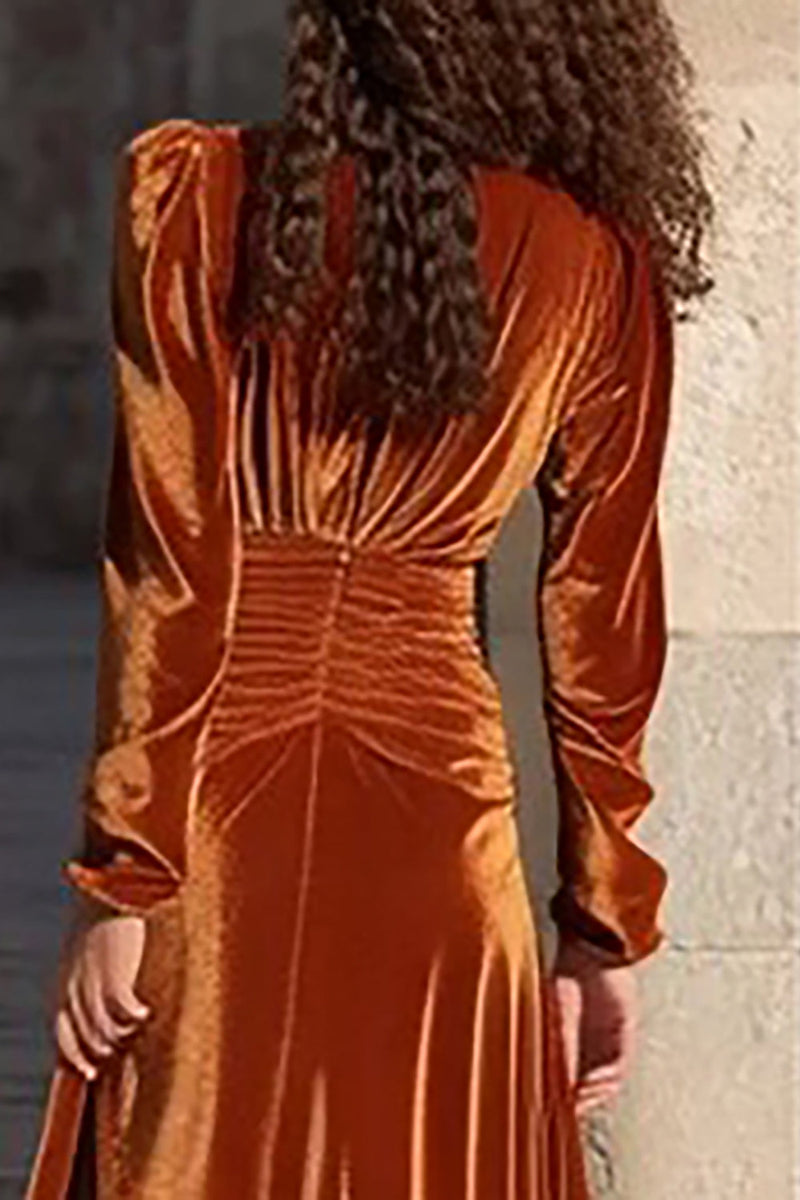 Load image into Gallery viewer, Caramel V Neck Velvet Long Holiday Party Dress with Sleeves