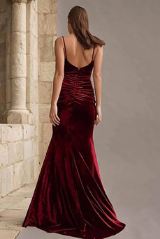 Burgundy Mermaid Velvet Spaghetti Straps Long Holiday Party Dress