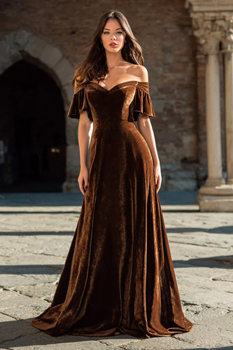 Brown Ruffled Velvet Long Holiday Party Dress