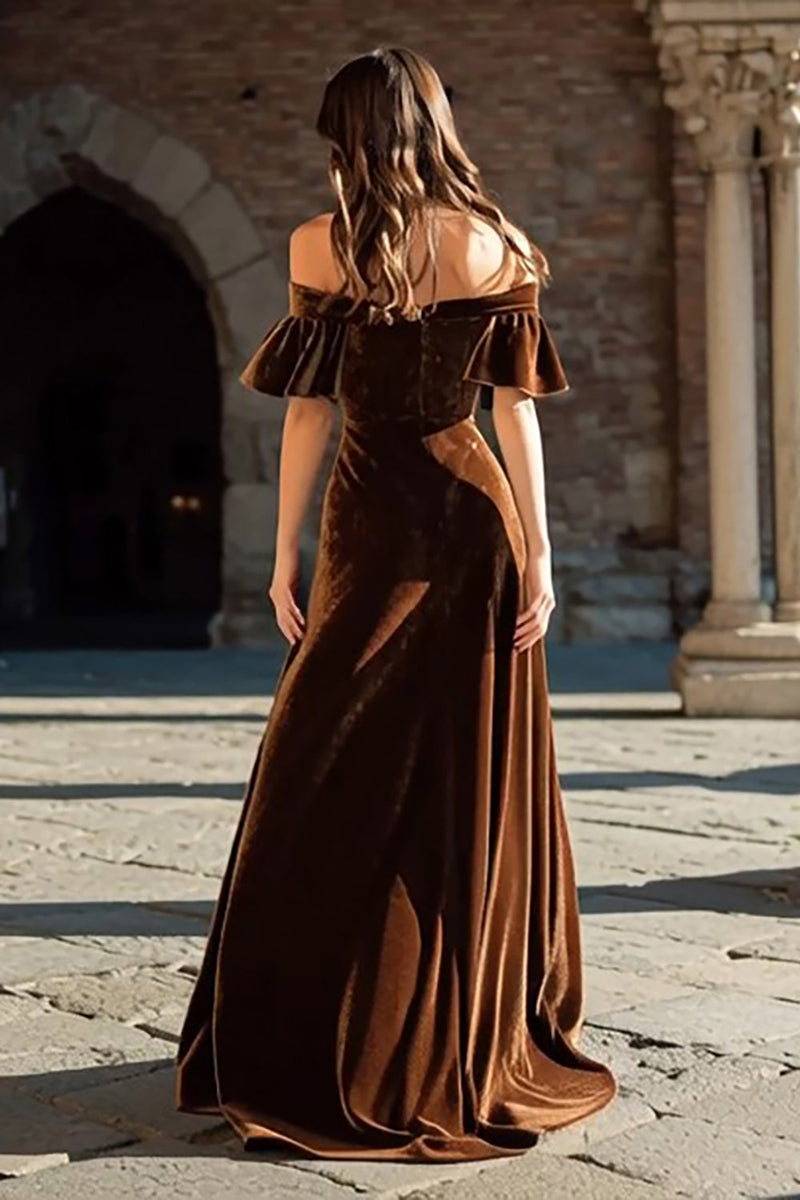 Load image into Gallery viewer, Brown Ruffled Velvet Long Holiday Party Dress