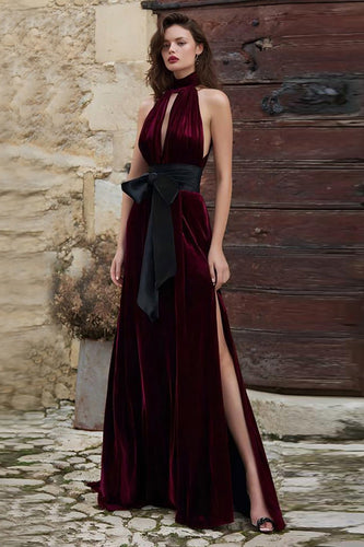 Burgundy High Neck Velvet Long Holiday Party Dress with Slit