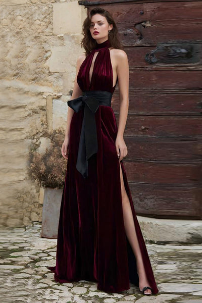 Burgundy High Neck Velvet Long Holiday Party Dress with Slit