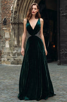 Load image into Gallery viewer, Sparkly Dark Green Velvet Beaded Long Holiday Party Dress