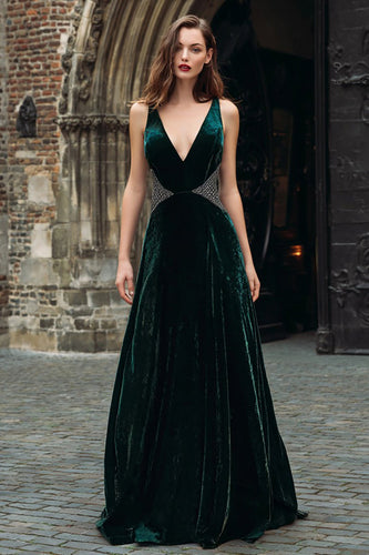 Sparkly Dark Green Velvet Beaded Long Holiday Party Dress