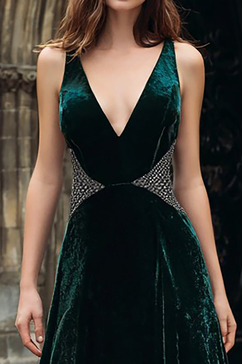 Load image into Gallery viewer, Sparkly Dark Green Velvet Beaded Long Holiday Party Dress