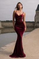 Load image into Gallery viewer, Burgundy Spaghetti Straps Velvet Mermaid Long Holiday Party Dress