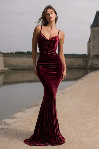 Burgundy Spaghetti Straps Velvet Mermaid Long Holiday Party Dress