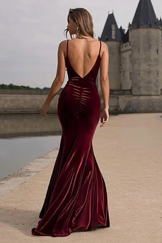 Burgundy Spaghetti Straps Velvet Mermaid Long Holiday Party Dress