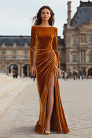 Load image into Gallery viewer, Caramel Sheath Velvet Long Holiday Party Dress with Sleeves