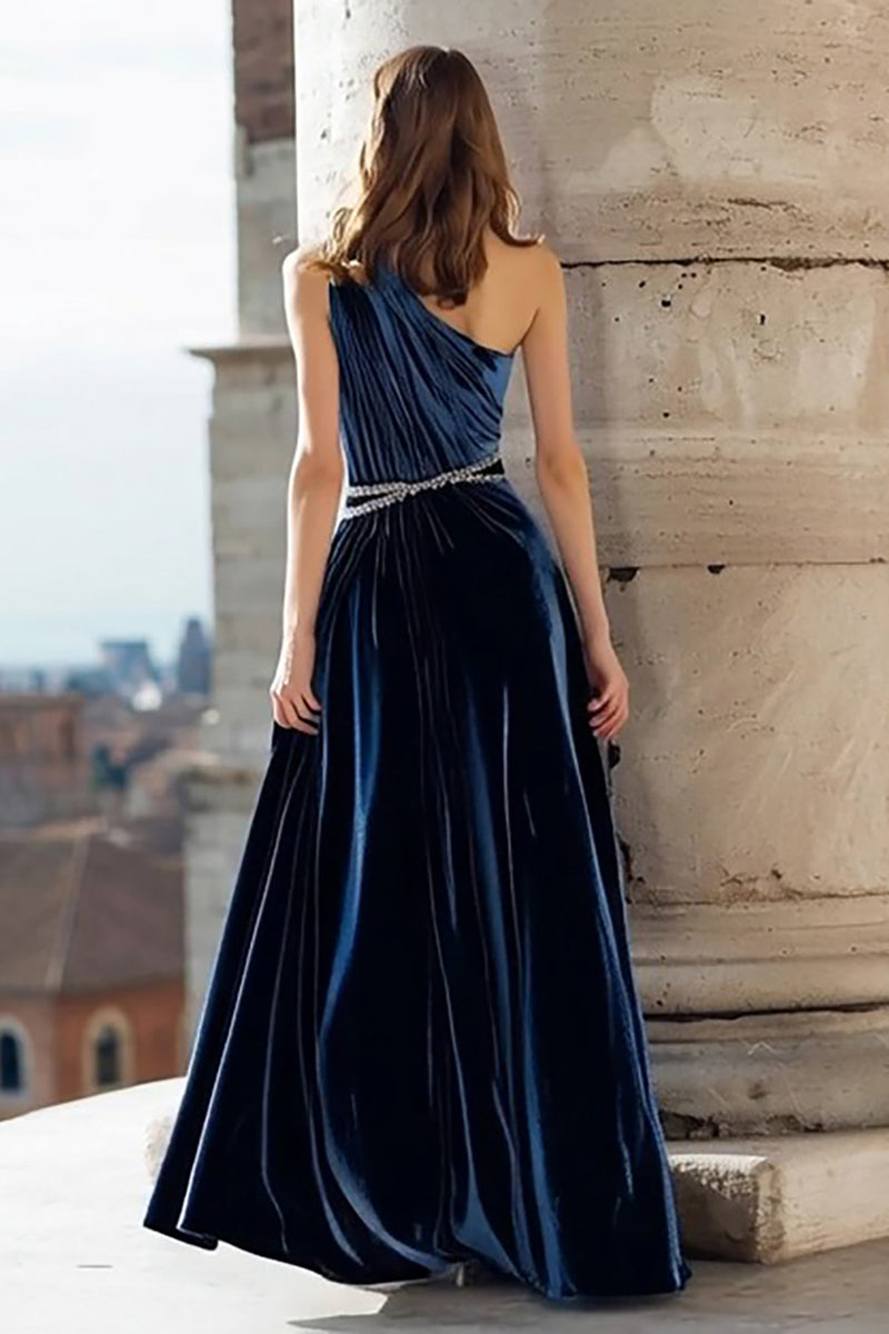 Load image into Gallery viewer, Sparkly Navy Beaded Velvet One Shoulder Long Holiday Party Dress