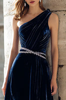 Load image into Gallery viewer, Sparkly Navy Beaded Velvet One Shoulder Long Holiday Party Dress