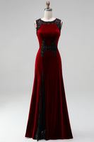 Load image into Gallery viewer, Burgundy Velvet Mermaid Round Neck Long Holiday Party Dress