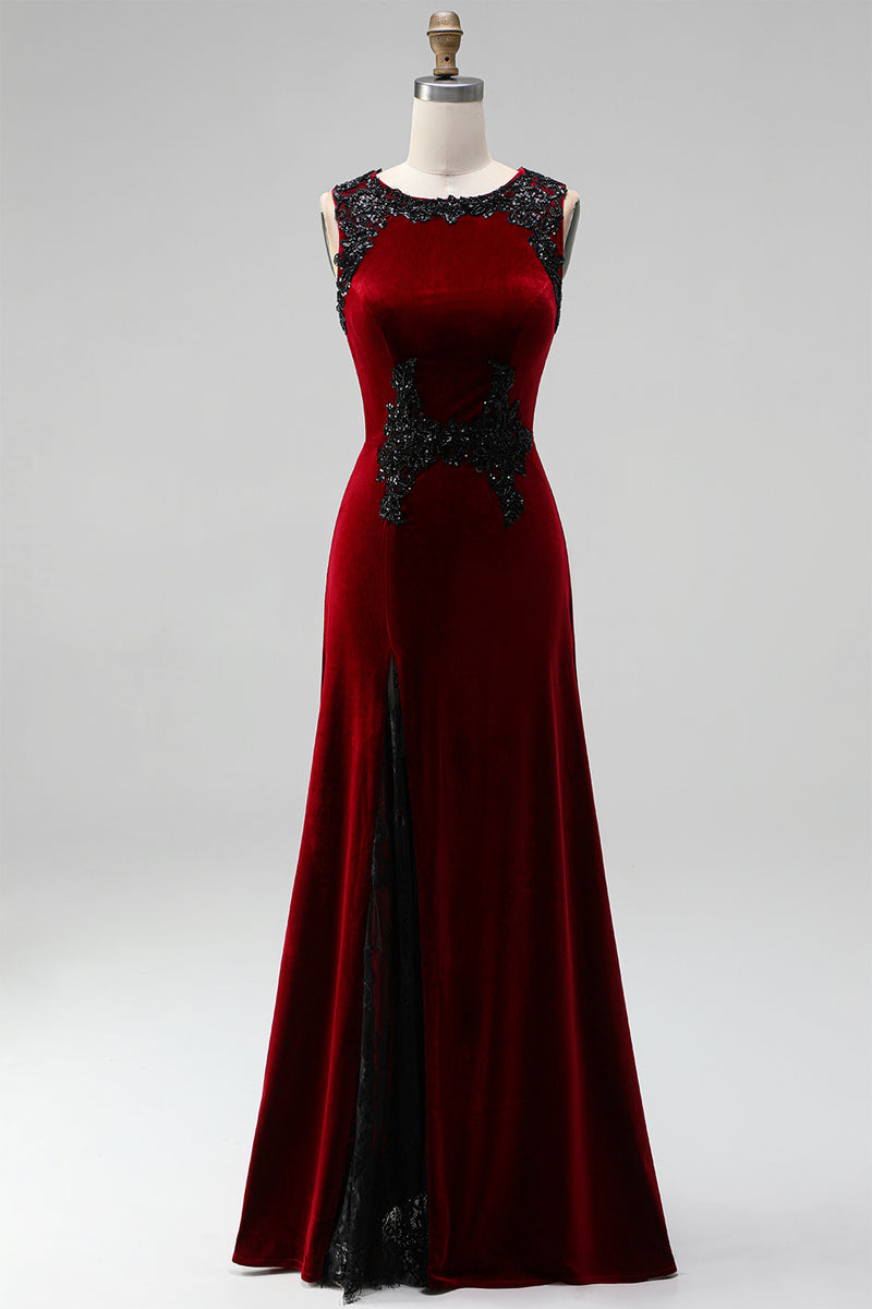 Load image into Gallery viewer, Burgundy Velvet Mermaid Round Neck Long Holiday Party Dress