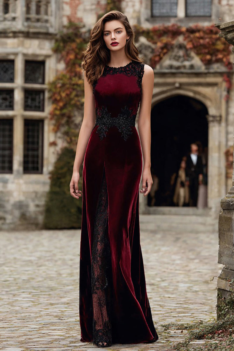 Load image into Gallery viewer, Burgundy Velvet Mermaid Round Neck Long Holiday Party Dress