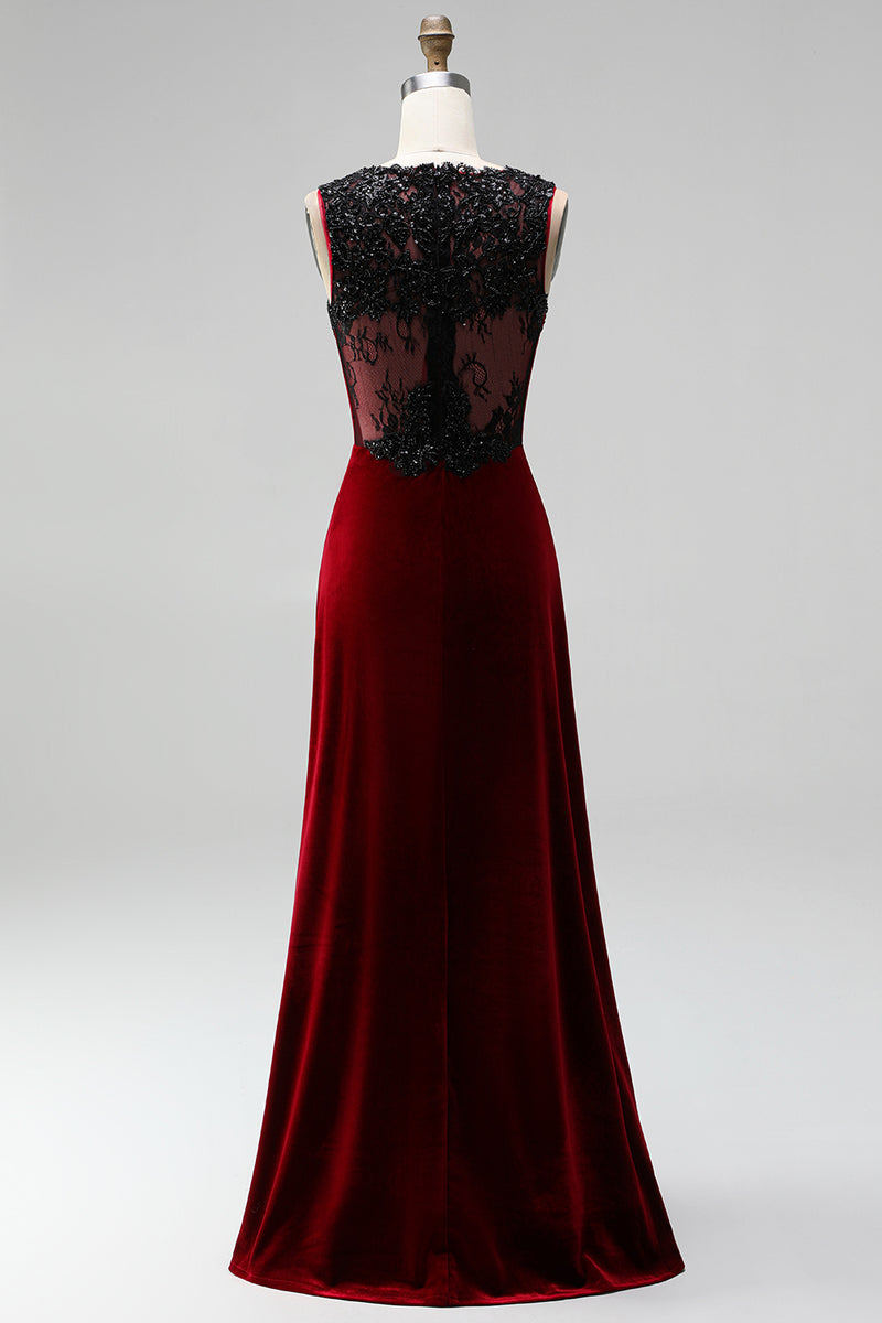 Load image into Gallery viewer, Burgundy Velvet Mermaid Round Neck Long Holiday Party Dress