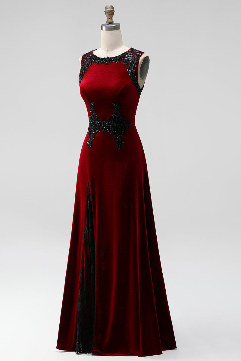 Load image into Gallery viewer, Burgundy Velvet Mermaid Round Neck Long Holiday Party Dress