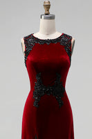 Load image into Gallery viewer, Burgundy Velvet Mermaid Round Neck Long Holiday Party Dress