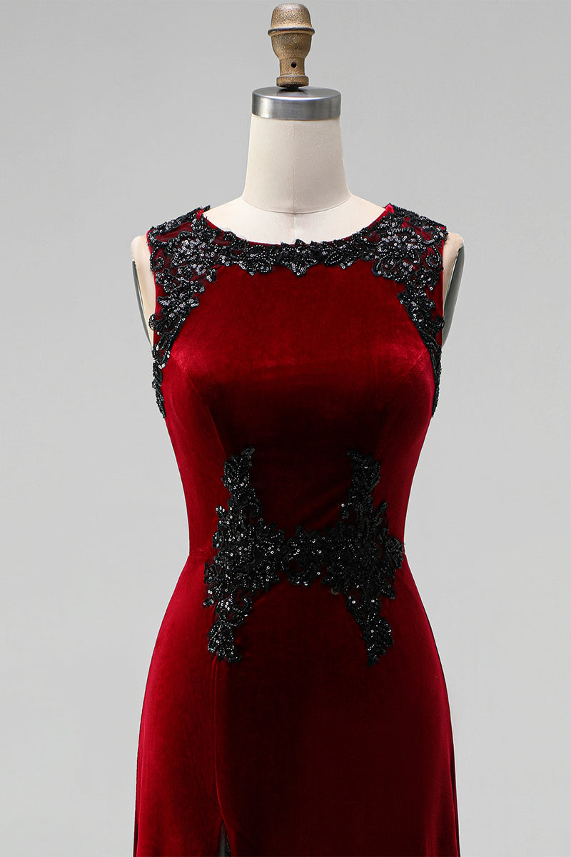 Load image into Gallery viewer, Burgundy Velvet Mermaid Round Neck Long Holiday Party Dress