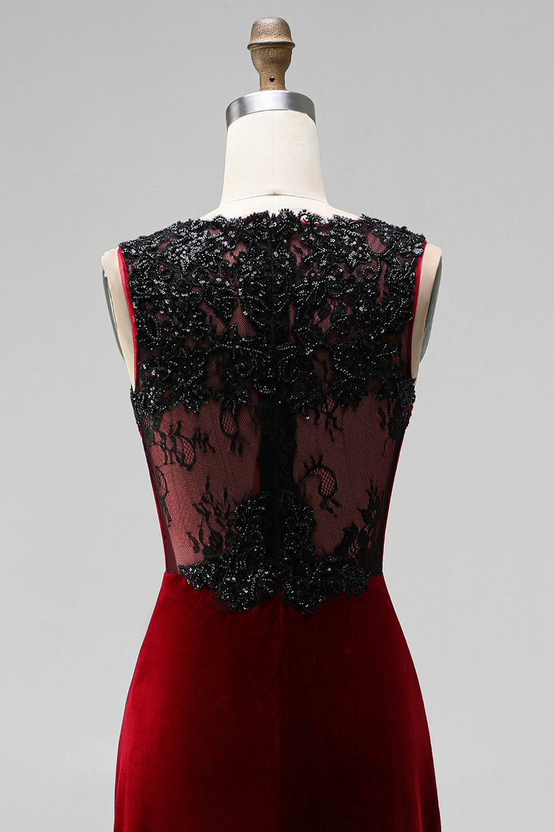 Load image into Gallery viewer, Burgundy Velvet Mermaid Round Neck Long Holiday Party Dress