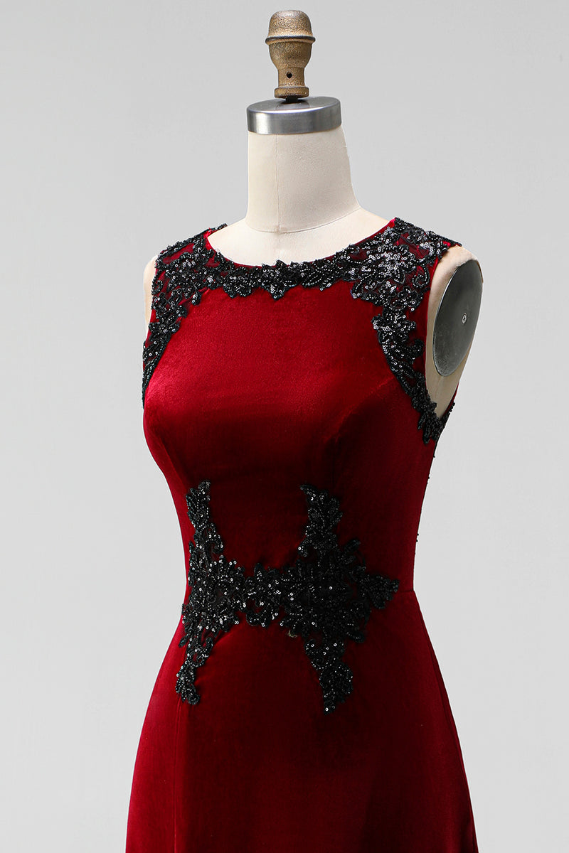 Load image into Gallery viewer, Burgundy Velvet Mermaid Round Neck Long Holiday Party Dress