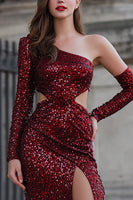 Load image into Gallery viewer, Sparkly Burgundy Mermaid Cut Out Long Sequin Prom Dress with Slit