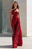Load image into Gallery viewer, Sparkly Red Cut Out Long Mermaid Prom Dress with Side Cape