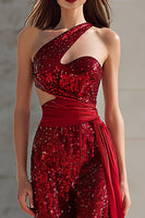 Load image into Gallery viewer, Sparkly Red Cut Out Long Mermaid Prom Dress with Side Cape