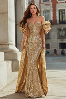 Load image into Gallery viewer, Sparkly Gold Off the Shoulder Mermaid Long Sequin Prom Dress with Cape