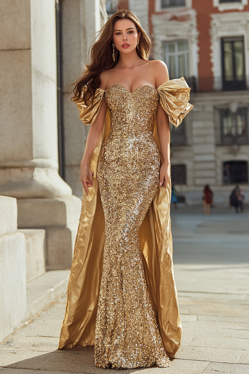 Sparkly Gold Off the Shoulder Mermaid Long Sequin Prom Dress with Cape
