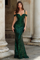 Load image into Gallery viewer, Sparkly Dark Green Mermaid Cold Shoulder Long Prom Dress