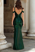 Load image into Gallery viewer, Sparkly Dark Green Mermaid Cold Shoulder Long Prom Dress