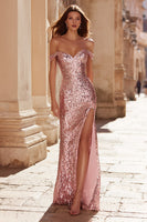 Load image into Gallery viewer, Sparkly Pink Mermaid Off the Shoulder Long Prom Dress with Slit