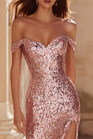 Load image into Gallery viewer, Sparkly Pink Mermaid Off the Shoulder Long Prom Dress with Slit