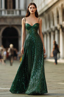 Load image into Gallery viewer, Sparkly Spaghetti Straps Dark Green Long Prom Dress