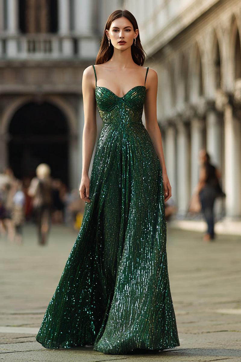 Load image into Gallery viewer, Sparkly Spaghetti Straps Dark Green Long Prom Dress