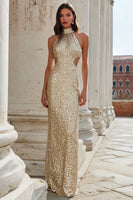 Load image into Gallery viewer, Sparkly Champagne Mermaid Cut Out High Neck Long Prom Dress
