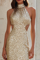 Load image into Gallery viewer, Sparkly Champagne Mermaid Cut Out High Neck Long Prom Dress
